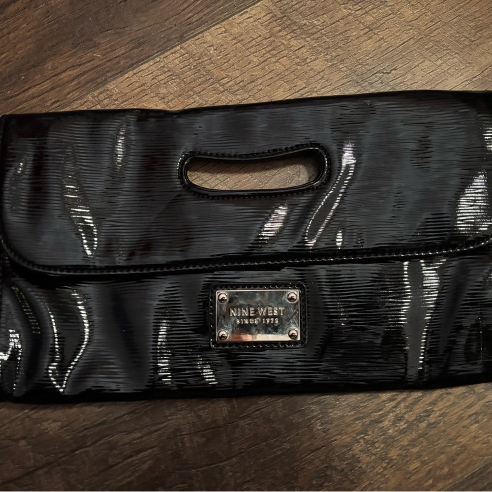 Nine West Black Patent Fold-Over Clutch with Cutout Handle